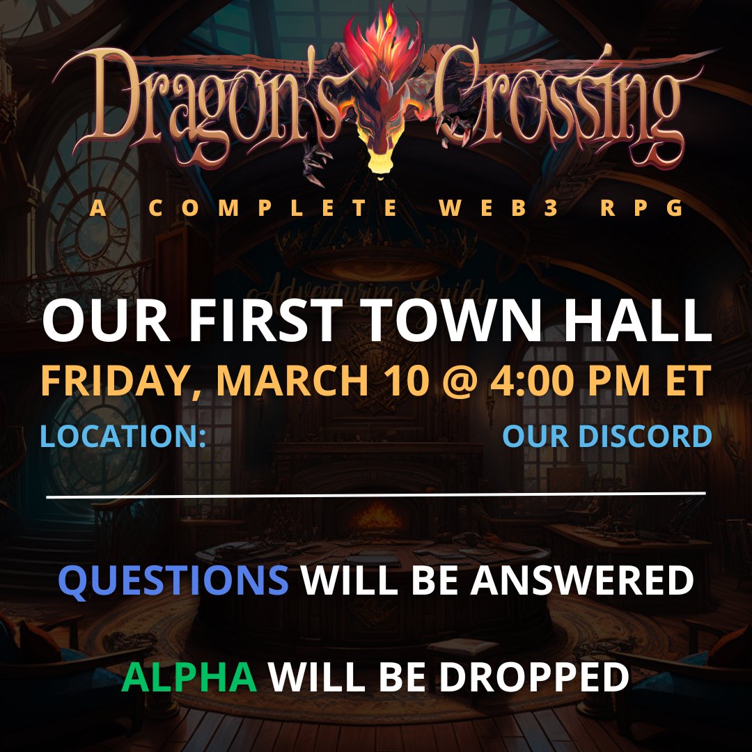 We are excited to announce that our FIRST Town Hall will be taking place this Friday, March 10 at 4 PM ET.

To listen in, you will have to join our discord, that is launching that morning.

Make sure you attend, as we will be answering burning questions &amp; dropping some alpha!