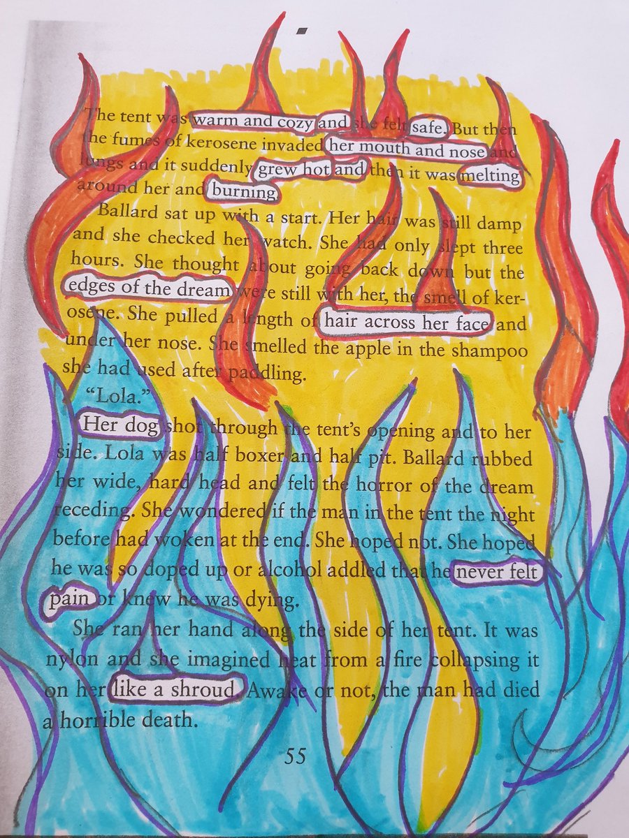 #BlackoutPoetry for #student #CreativeWellbeing session, two different versions of #TheNightFire by @Connellybooks #NoBooksHarmed @AstonPsychology @aston_union @AstonUniLibrary @AstonUniversity @AstonHLS