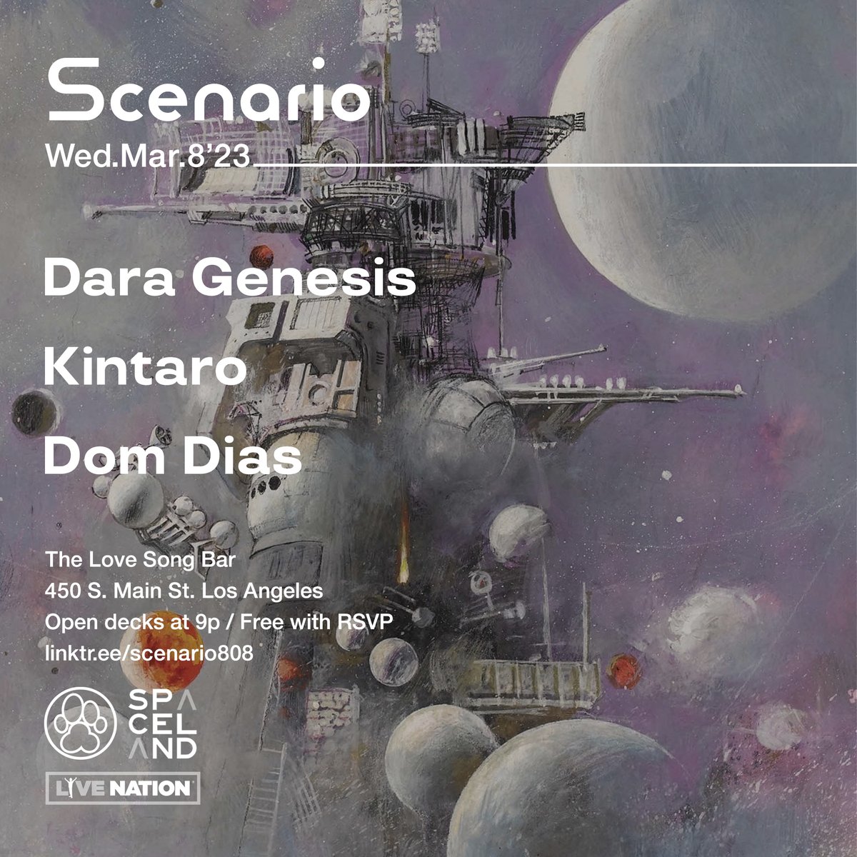 Tonight! @dara_genesis #Kintaro @prodbydomdias + @daddykev at @TheLoveSongBar. Open decks at 9p. Free with RSVP. Presented by @ALPHAPUP @SpacelandLA @LiveNation 🔊✨🔥 eventbrite.com/e/scenario-dar…