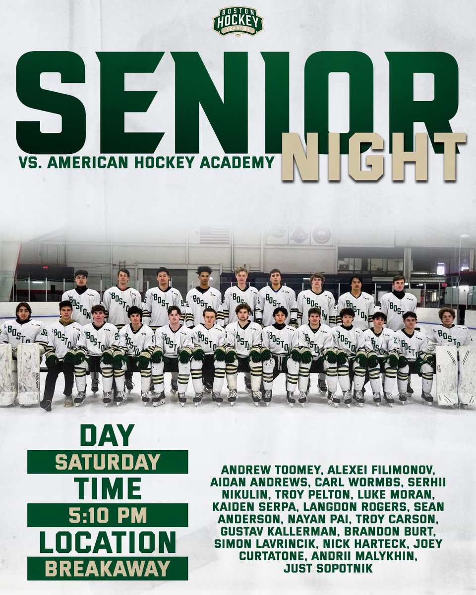 Boston Hockey Academy (@bostonha) on Twitter photo Itโs Senior Night this upcoming Saturday at Breakaway Ice Center!
Come join us to support our Seniors in their final game of the 2022-23 season!
<a href="/MatignonHS/">The Cambridge Matignon School</a> Itโs Senior Night this upcoming Saturday at Breakaway Ice Center!
Come join us to support our Seniors in their final game of the 2022-23 season!
<a href="/MatignonHS/">The Cambridge Matignon School</a>