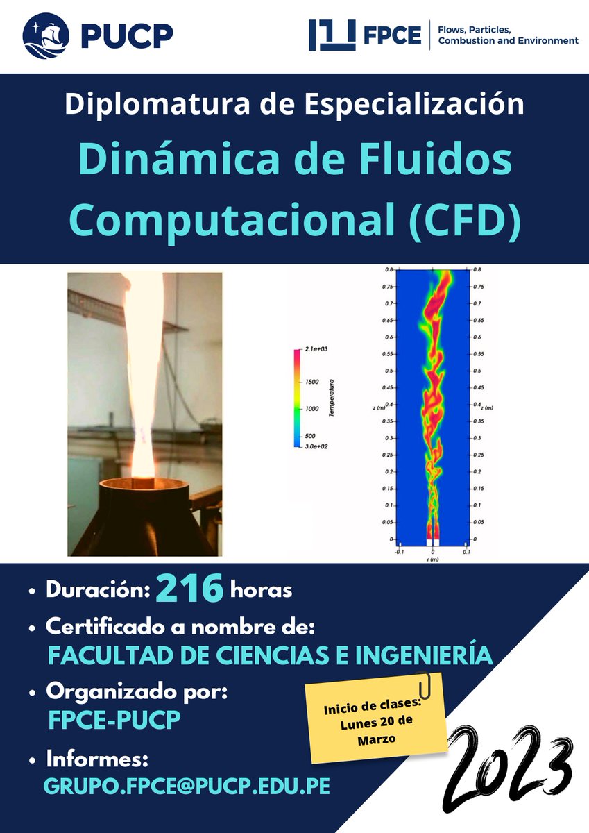 fcipucp's tweet photo. Flow, Particles, Combustion and Enviroment group creo la Diplomatura en CFD la primera de este tipo en el país. Formará profesionales especializados en modelamiento numérico basado en CFD capaces de modelar flujos de fluidos presentes en diversas aplicaciones de interés práctico https://t.co/Q0A0YAbEeE