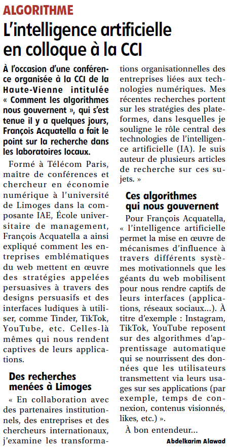 iae_limoges's tweet photo. #article | 🗞 En marge et en complément de la conférence qui a eu lieu à la @CCILimoges, François ACQUATELLA, Maître de Conférences à l'@iae_limoges, a livré sa lecture des enjeux et problématiques associés à l'IA dans @lepopulaire_fr 🗞 https://t.co/Qg3N7suRwZ