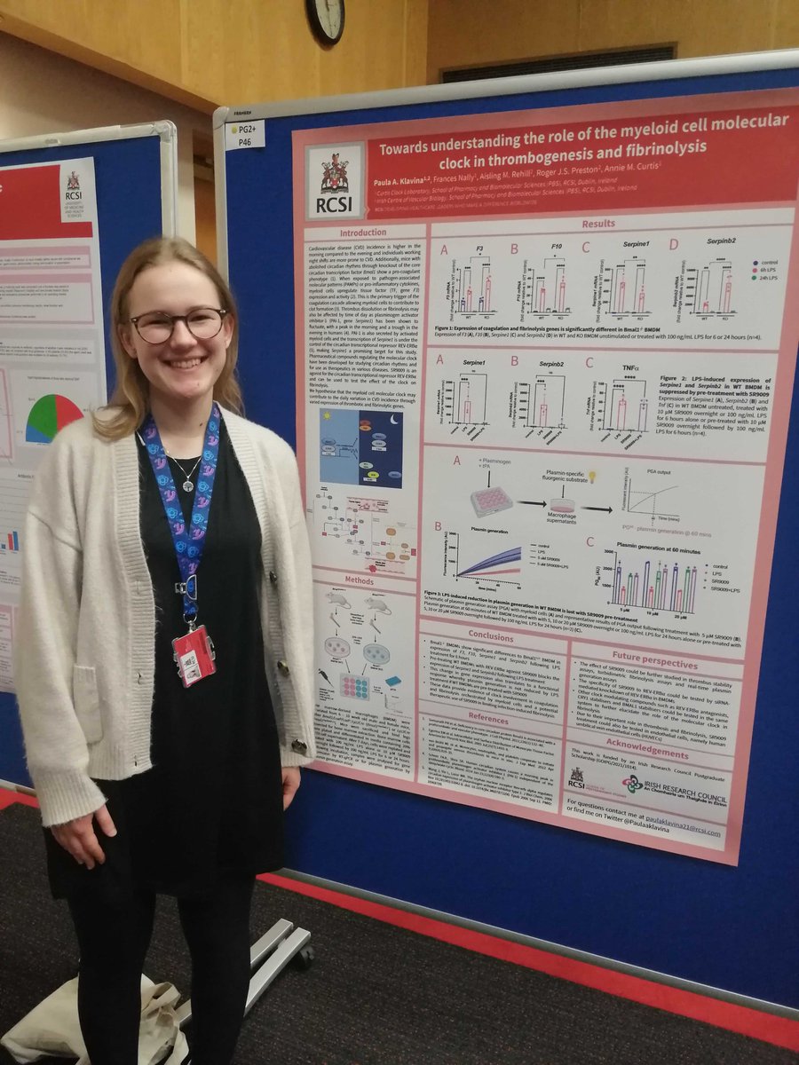 Lab member @paulaaklavina today presented her poster at #RCSI Research Day 2023 titled ‘Towards Understanding The Role of The Myeloid Cell Molecular Clock in Thrombogenesis and Fibrinolysis’. 👉bit.ly/3JnW7lg #thrombosis #hematology