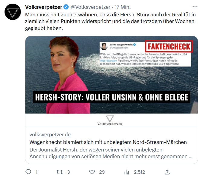 Der Volksverpetzer blamiert sich mit unbelegtem #NordStream Märchen

#NordstreamSabotage #NordStream2 #USA #Hersh #Wagenknecht #Wagenknecht_und_Schwarzer @Volksverpetzer