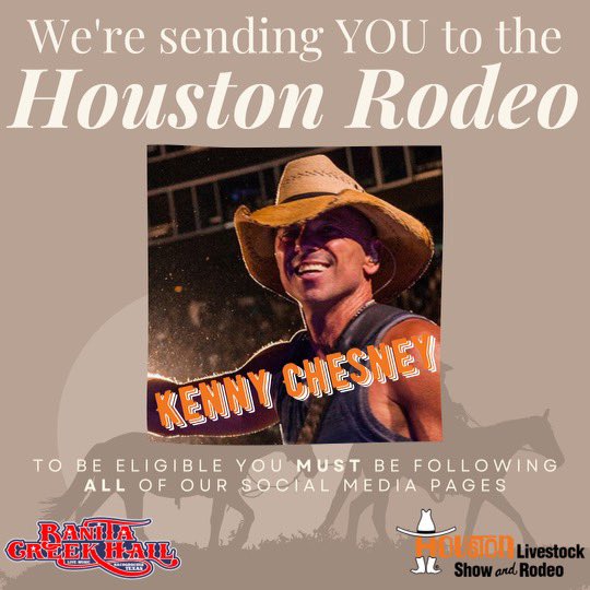 BanitaCrkHall's tweet photo. Winners for day 15 have been chosen and notified! Let’s start day 16 for KENNY CHESNEY! 

It’s almost rodeo time in Houston 🤠 and Banita Creek Hall wants to send you and a friend to see some awesome concerts‼️‼️‼️

All you’ll have to do is:

👍🏼-Like this post 
🐎-RT this post 
🐄- Tag a friend in the comments 

Good luck 🍀 

#BanitaCreekHall #livemusic #countrymusic