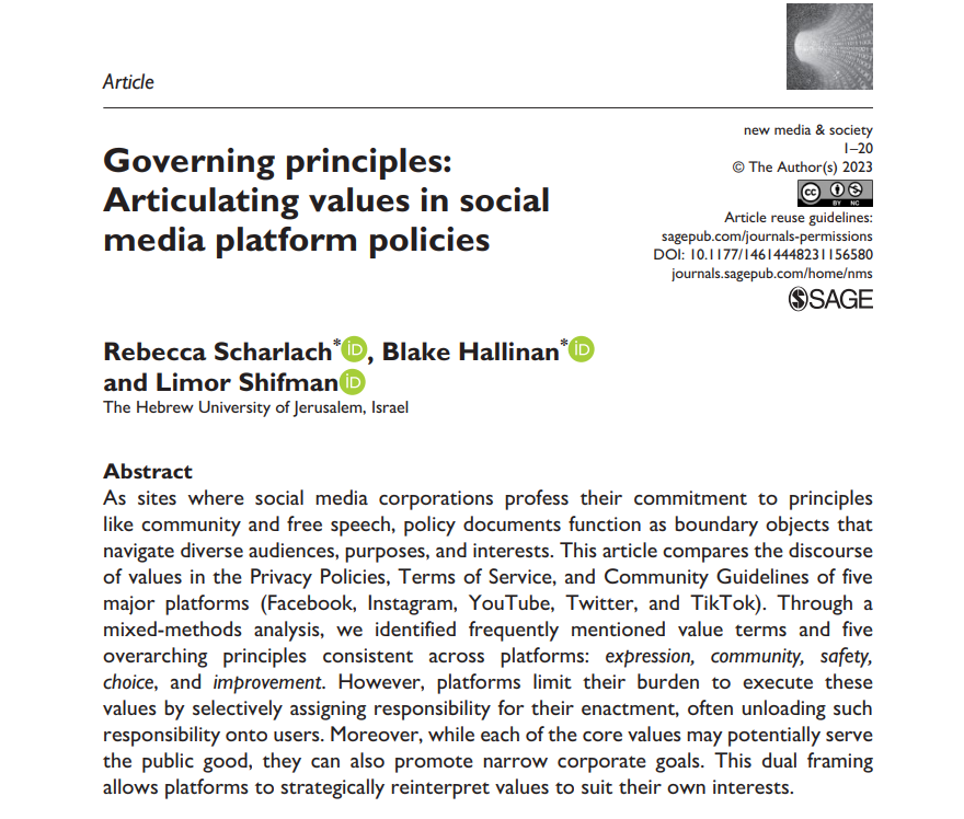 Rebecca Scharlach (@rscarlets) on Twitter photo What values are invoked in social media platform policies? In my first PhD article, written with <a href="/blakeplease/">Blake Hallinan</a> and <a href="/limor_shifman/">limor shifman</a>, we compared the Privacy Policies, Terms of Service, and Community Guidelines of Facebook, Instagram, YouTube, Twitter, and TikTok.
👇🧵(1/12) What values are invoked in social media platform policies? In my first PhD article, written with <a href="/blakeplease/">Blake Hallinan</a> and <a href="/limor_shifman/">limor shifman</a>, we compared the Privacy Policies, Terms of Service, and Community Guidelines of Facebook, Instagram, YouTube, Twitter, and TikTok.
👇🧵(1/12)