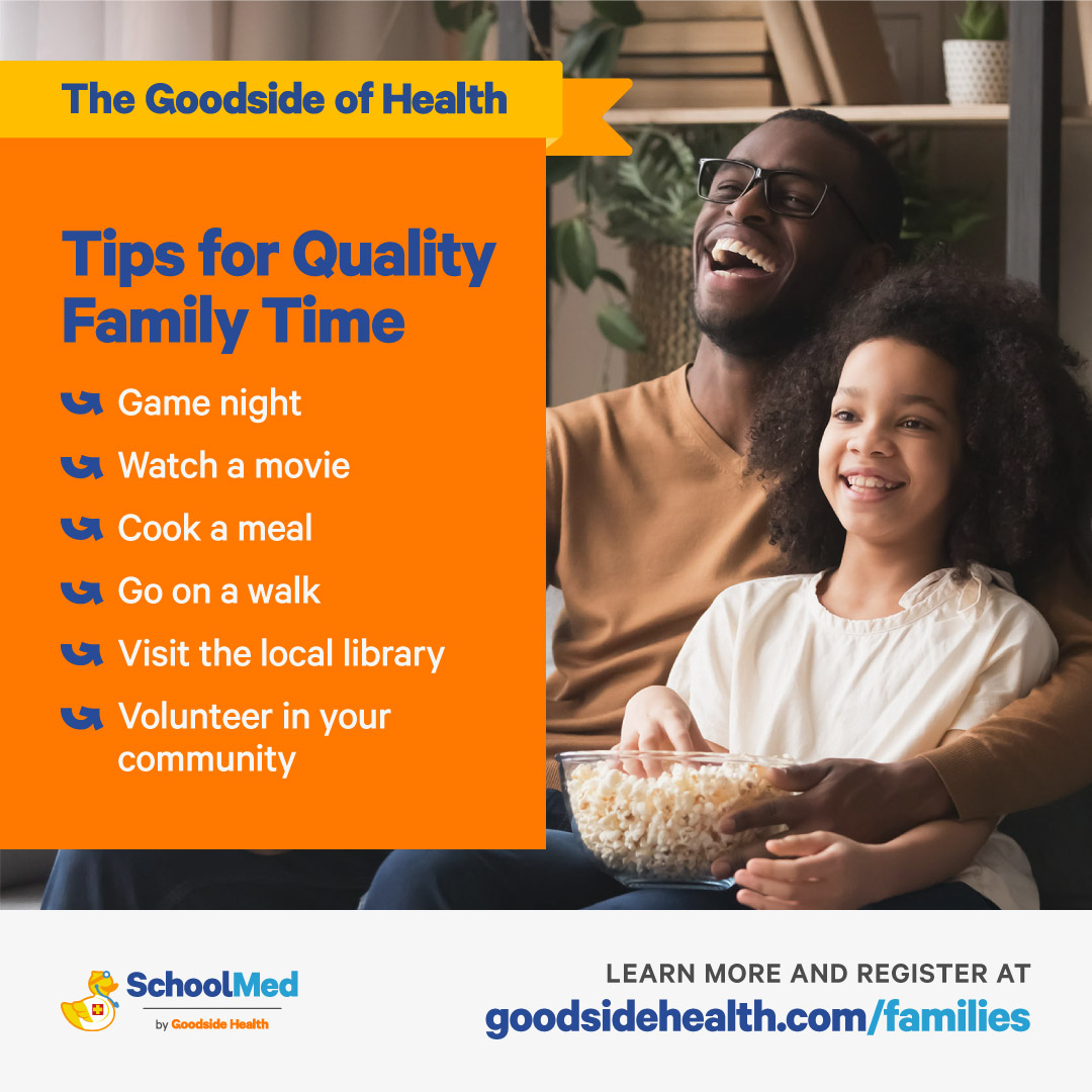 Spending quality time with the ones you love is good for your health. Kids who feel a sense of connectedness at home are more likely to thrive in school. 🤝
Game night 
Watch a movie 
Cook a meal
Go on a walk
Visit the local library
Volunteer in community 
More <a href="/GoodsideHealth/">Goodside Health</a>