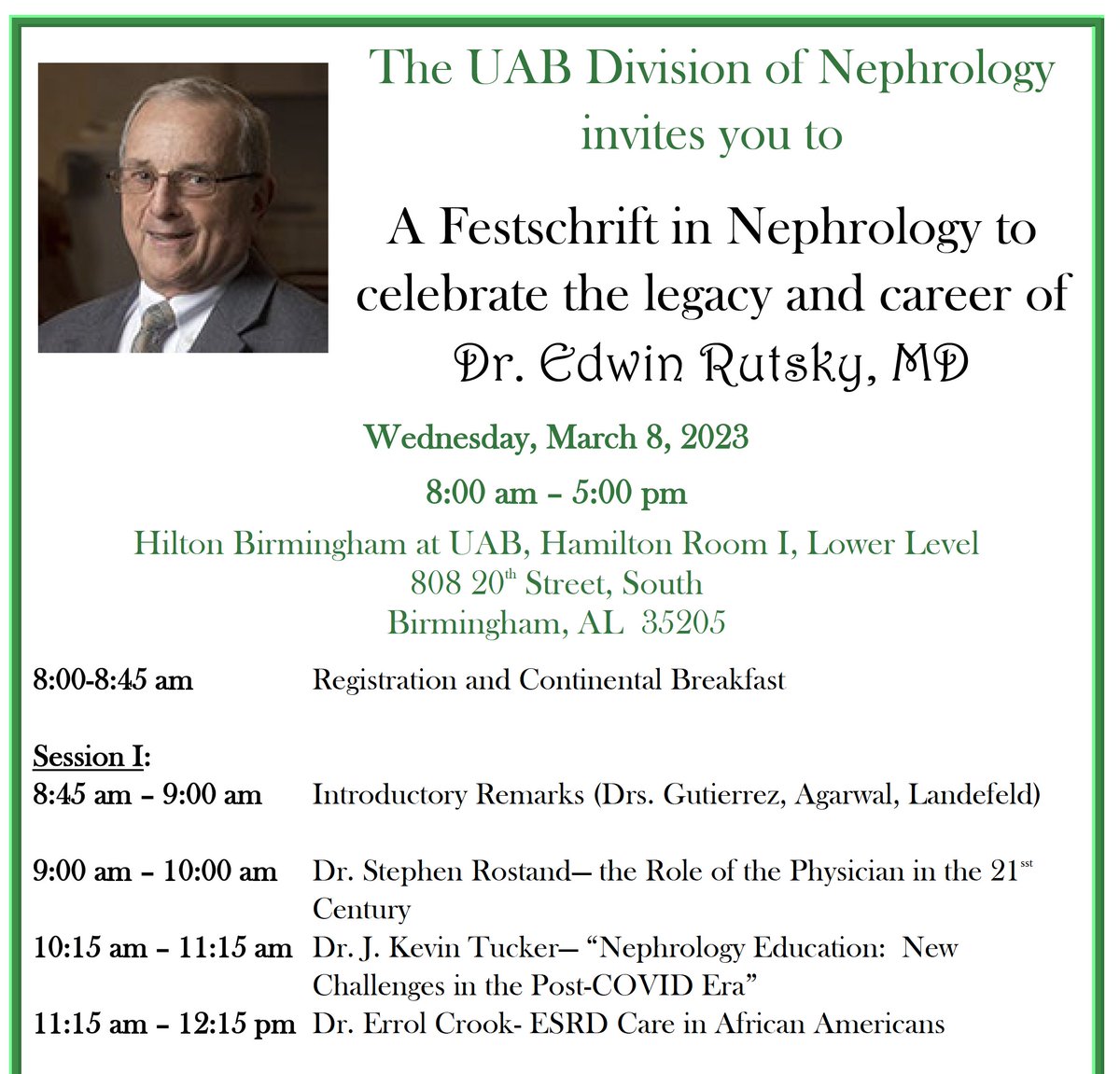 Honored to participate in the Festschrift for Dr. Ed Rutsky for his 50+ years of exceptional service to @UAB_NRTC @UABHeersink @UABDeptMed. Thrilled to have distinguished alumni - Drs. Kevin Tucker, Errol Crook, Tom Ozbrin, David White, Rick Lyerly and others at the event.