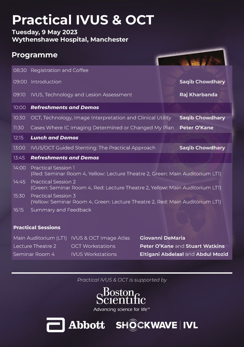 👀First look at the #PracticalIVUSandOCT programme! Join @DrPeterOKane, @GiovanniLuigiD1, @StuartWatkins9, @ammozid and more at @WythenshaweHosp on 9 May! Register for free here: millbrook-events.co.uk/PracticalIVUSa… #Cardiology #MedEd #IVUS #OCT #CathLab