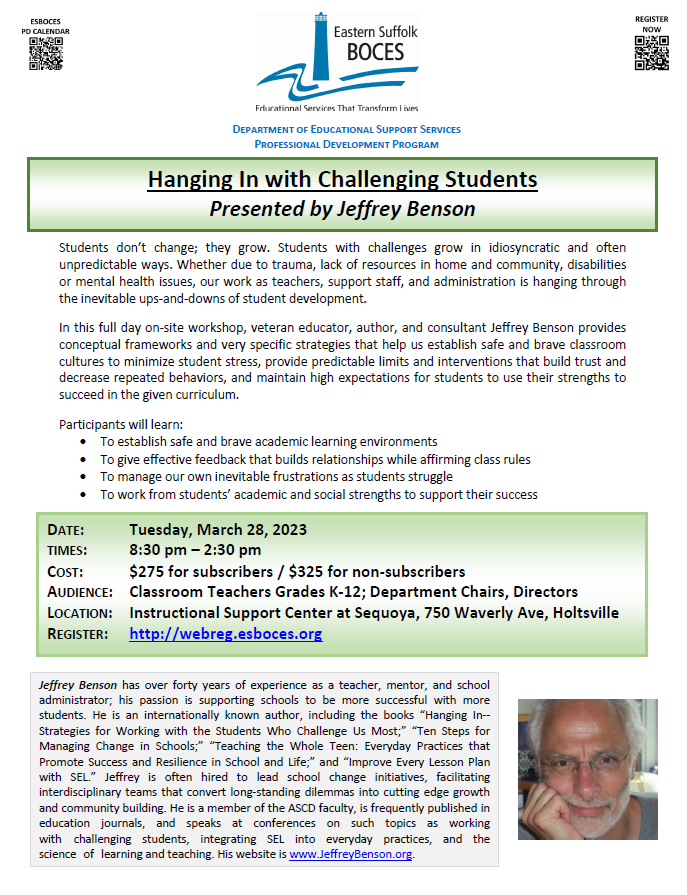 In-Person 3/28-Hanging In with Challenging Students Presented by Jeffrey Benson
Click here to register:
mylearningplan.com/WebReg/Activit…