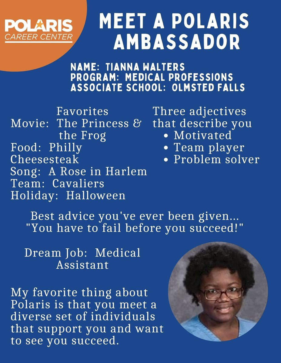 Today we introduce Tianna Walters from the Polaris Medical Professions 👩‍⚕️ program & @OFalls_Bulldogs. She's next in our 'Meet a Polaris Ambassador' series.