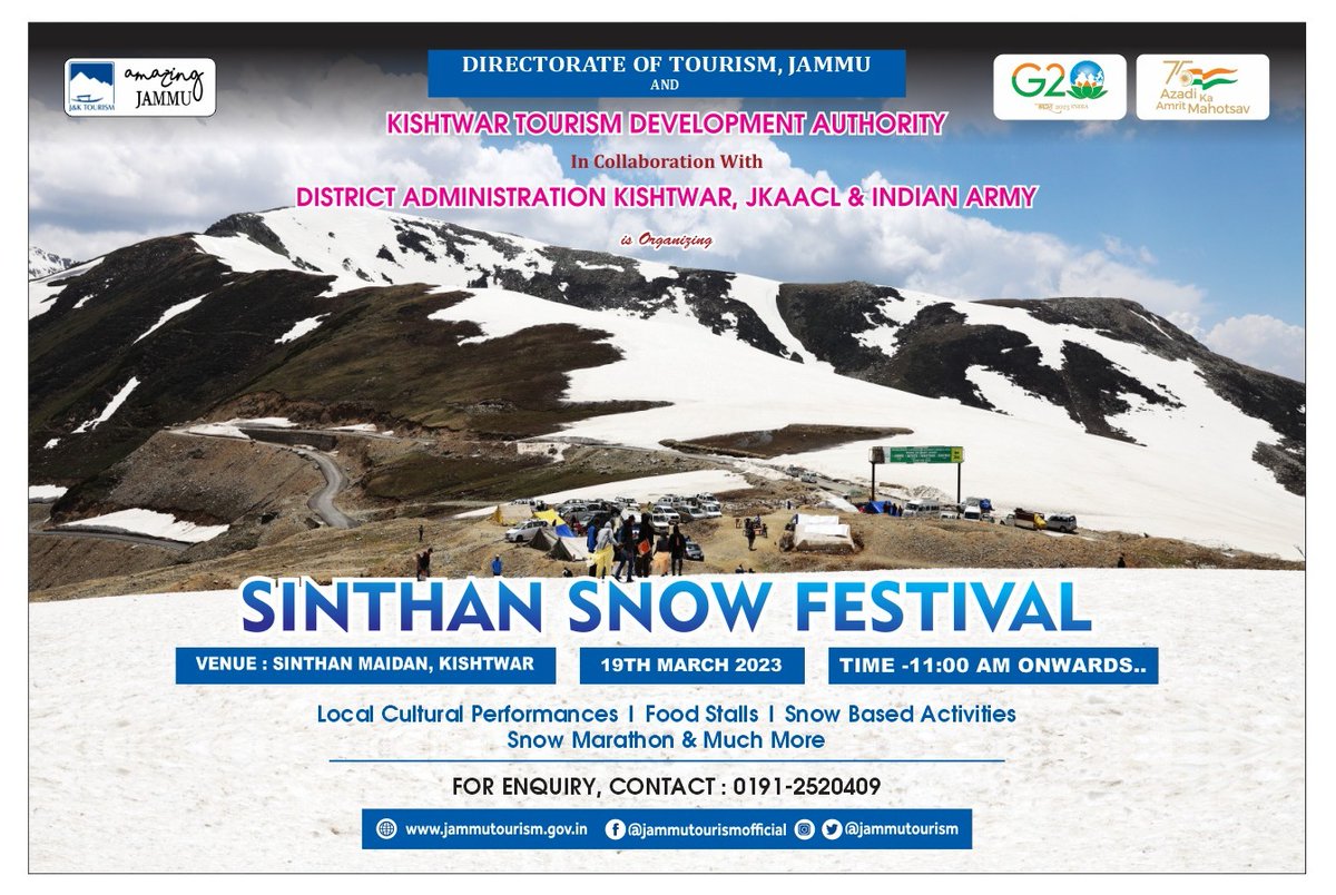 Make the most of the season before the snow melts at Sinthan Maidan, Kishtwar....Don't miss the magic af 'Sinthan Snow Festival' being held on 19th March 2023 being organised by DOT Jammu and KTDA 

 #snowfestival @Syedabidshah @devansh_IAS 
@diprjk @OfficeOfLGJandK @sunaina1977