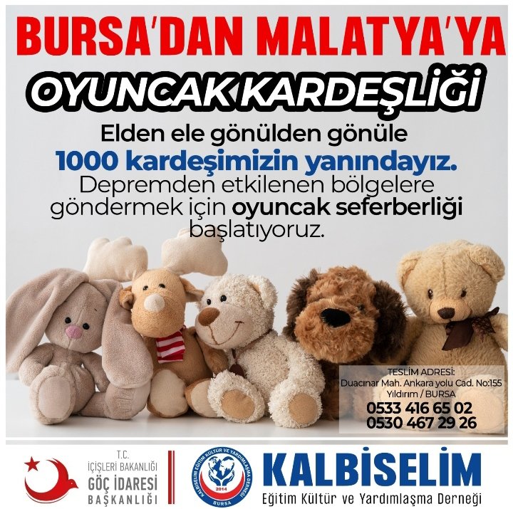 GkhanAKYILDIZ's tweet photo. Trabzon'dan Kahramanmaraş'a,
Bursa'dan Malatya'ya, 
Edirne'den Hatay'a,
Afyonkarahisar'dan Adana'ya "Oyuncak Kardeşliği" 🇹🇷

Çocuklar gülerse, Türkiye güler...

Birlikten kuvvet doğar, şimdi kardeşlerimize destek verme zamanı  🇹🇷 https://t.co/FHvQEes8YE