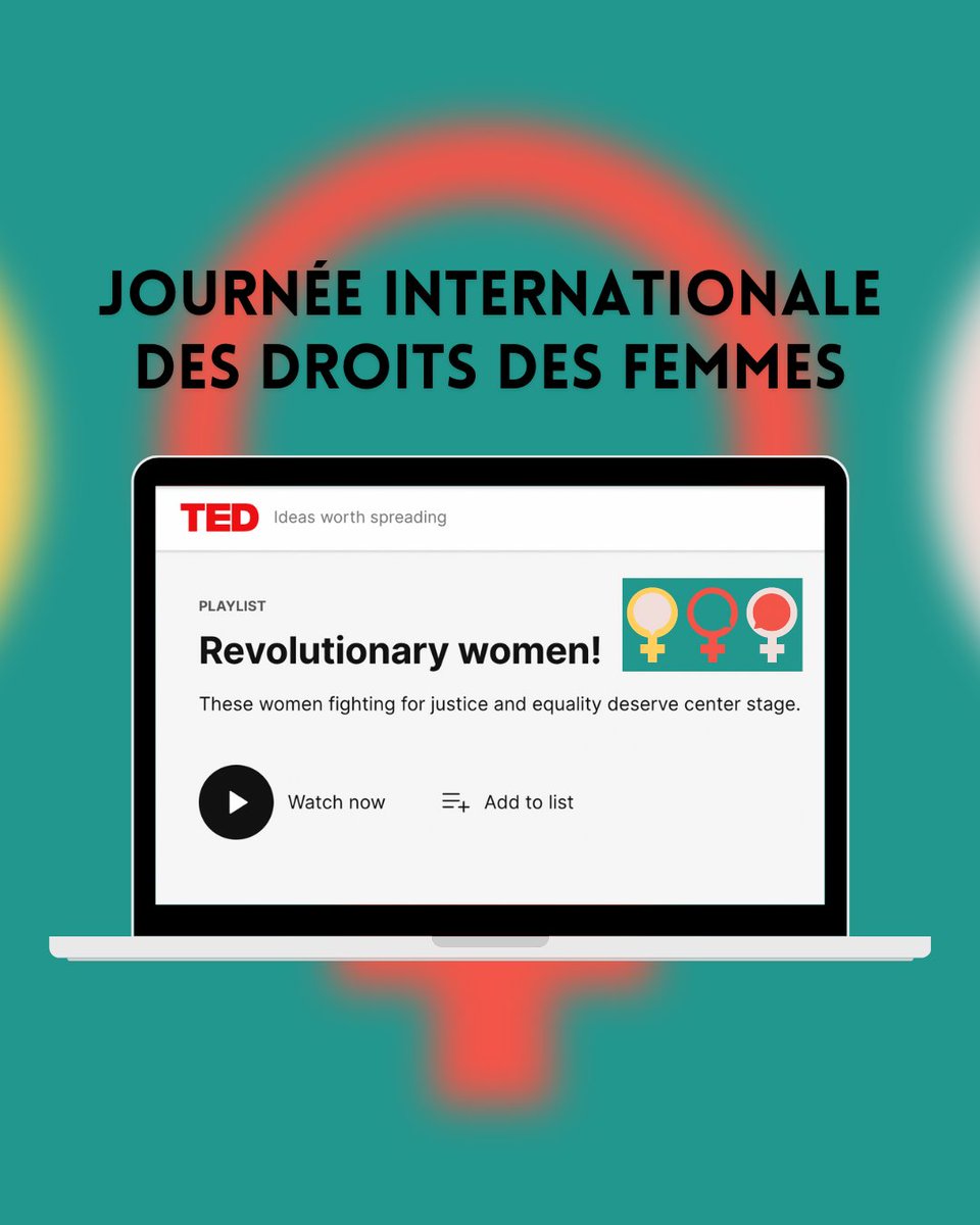 🙋🏽‍♀️Pour la journée Internationale des Droits des Femmes, voici la playlist #TED “Revolutionary Women!”

Bravo aux femmes qui oeuvrent pour notre monde, pas qu’aujourd’hui, tous les jours👏🏻
Merci à toutes les speakers TEDxOrléans🎤

👉🏻 ted.com/playlists/712/…