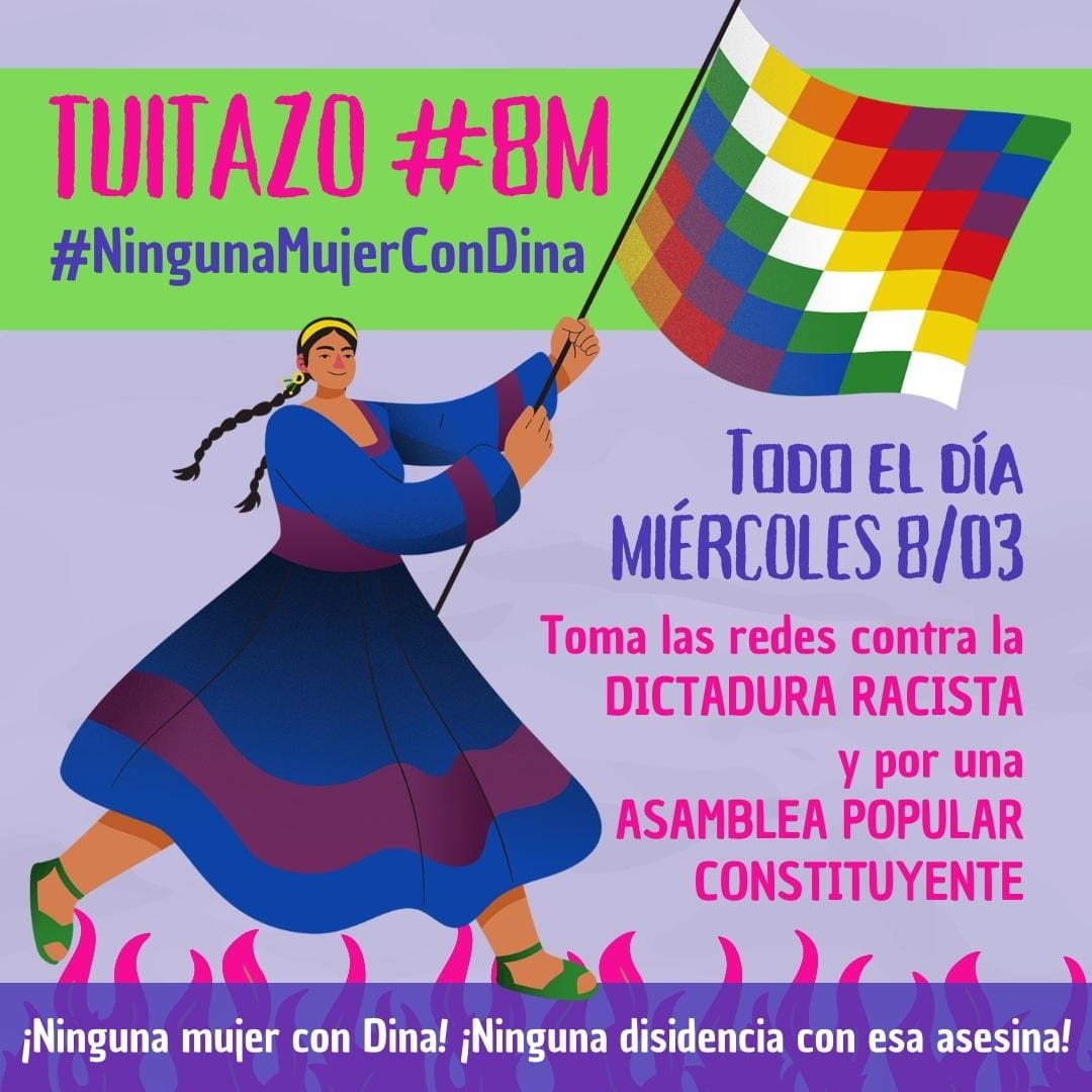 Este #8M, tomamos las redes y nos pronunciamos contra la dictadura en Perú.
Súmate al tuitazo #NingunaMujerConDina. Agitemos las redes sociales durante todo el día, por una Asamblea Popular Constituyente.
¡Ninguna mujer con Dina!
¡Ninguna disidencia con esa asesina!
#FueraDina