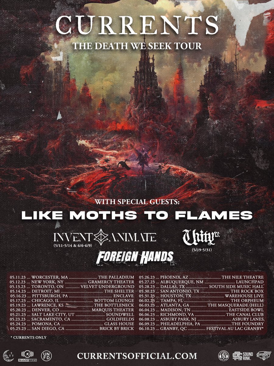 CurrentsCT's tweet image. Our first US headline tour is here!

Stoked to have @LMTF, @Invent_Animate, @UNITYTX &amp;amp; @foreignhandsDE on board. 🌙

VIP on sale now, GA available Friday. Lineup varies through the tour; so check your date, get your tickets and we’ll see you this Spring.

bfan.link/the-death-we-s…