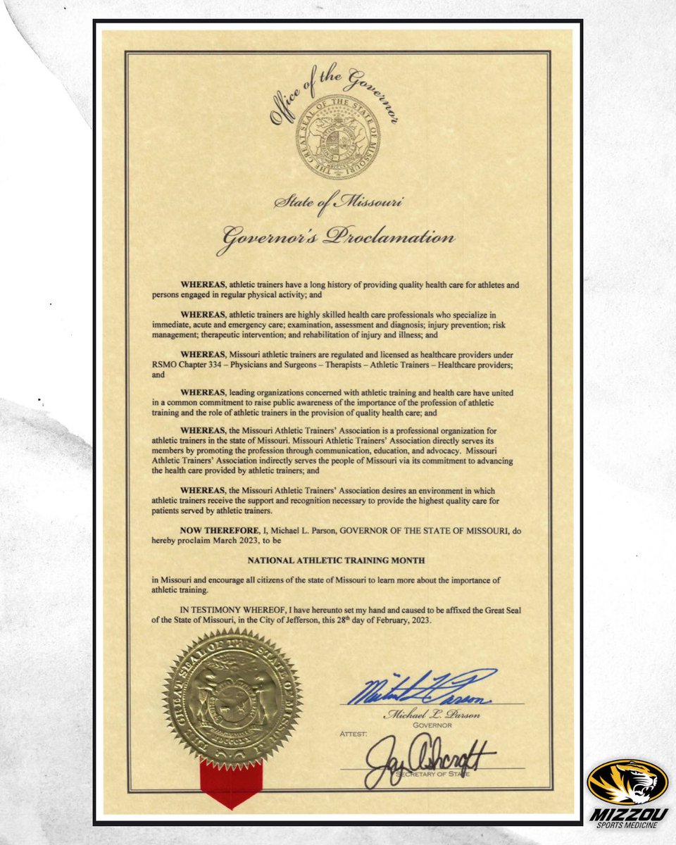 We proclaim, throughout the state of Missouri, the March is now and forever will be Athletic Training Month. It means so much that our state values what we do. Thank you to <a href="/MOATA1984/">MOATA</a> for their hard work getting this declared statewide! #MIZ #natm23 #zousportsmed #zouATs