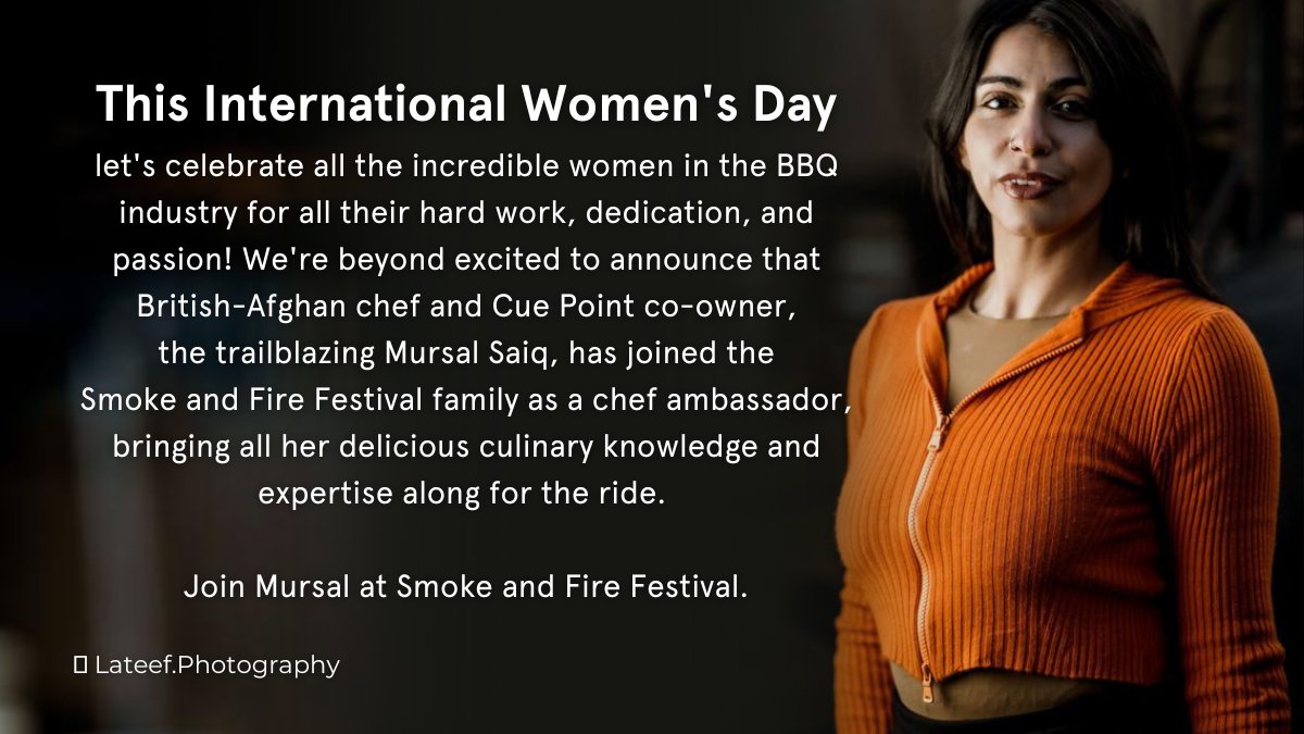 The trailblazing British-Afghan chef and Cue Point co-owner Mursal Saiq has joined the Smoke and Fire Festival family as a chef ambassador 🔥 #IWD23 #internationalwomensday #smokeandfirefestival #bigkproducts @cuepointldn @jumakitchen 📸 @lateefokunnu @thebbqmag