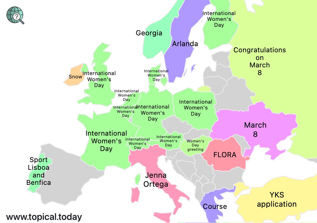 TopicalMaps's tweet image. Top Google Trends in Europe by country today. 

#InternationalWomensDay #womensDay #EuropaLeague #ChampionsLeague 

More info at topical.today/regions/europe