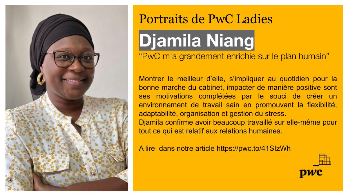 PwcAFSS's tweet photo. #PortraitsDePwcLadies
Découvrez à présent le portrait de Djamila Niang, Senior Associate chez PwC Sénégal.
A lire dans notre article https://t.co/Br2n3Xe0YA
#PwcLadies
#JIF2023 #pwc #pwcafss
#PwcAfriqueFrancophoneSubsaharienne https://t.co/Hm9YQGrROT