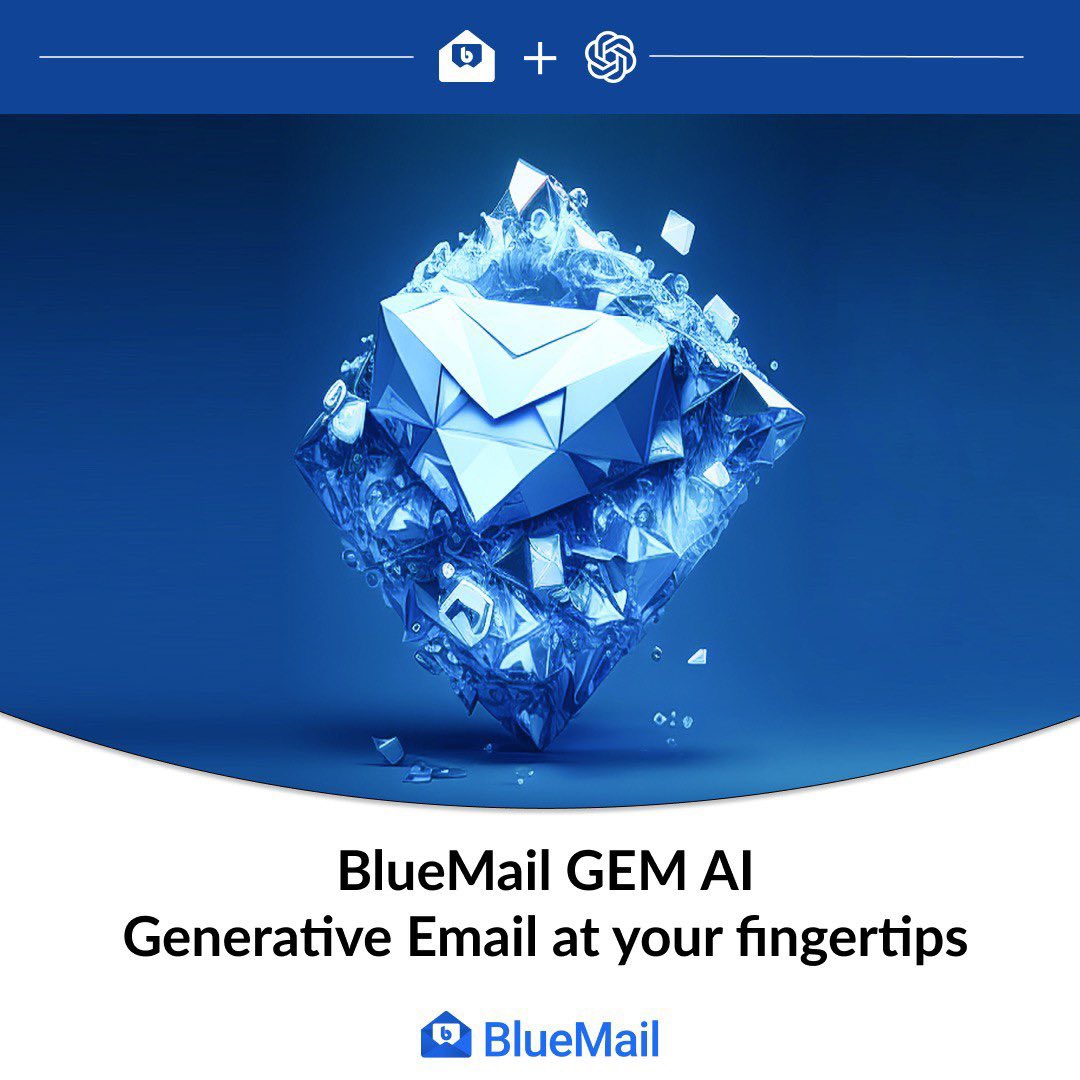 bluemail's tweet image. Introducing BlueMail GEM AI 💎

✍️ Draft new emails and replies in seconds with BlueMail's GEM AI smart writing assistance

​📨 To capture the essence of emails quickly, summarize them

🗓️ Let others know when you're late to a meeting or can't make it

The future of email is here