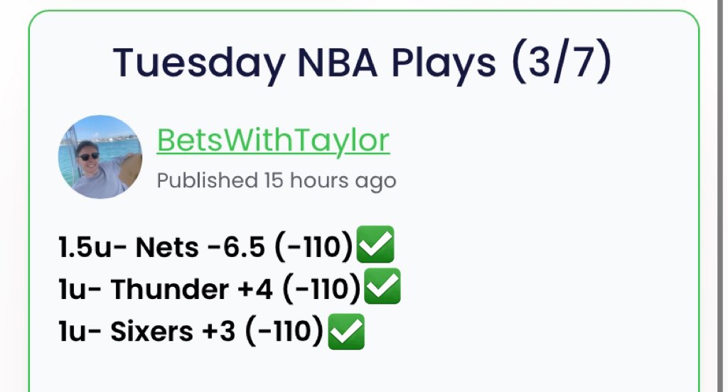 CartmanLocks's tweet photo. WHAT A DAY YESTERDAY 😱😱😱

11-2 (+8.3 UNITS 🤑🤑)

Coming off easily one of our best days ever! 😁👏

TAP IN TODAY FOR 50% OFF 📲📲

1. Go to my Link
2. Click on my DubClub
2. Choose any Package and enter Code “Baller” for the 50%-Off deal!

#SportsBetting #BettingTips #NBA https://t.co/tFRate43Zn