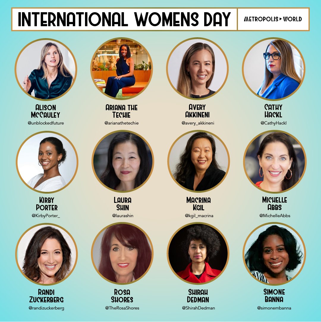 We asked our team to pick out the fab women in web3 and the incredible work they're doing. Metropolis World and web3 wouldn't be where it is without them 🙌 #InternationalWomensDay

<a href="/unblockedfuture/">Alison McCauley</a> 
<a href="/arianathetechie/">🦄Ariana The Techie</a> 
<a href="/avery_akkineni/">Avery</a> 
@CathyHackl
<a href="/KirbyPorter_/">Kirby</a>
<a href="/laurashin/">Laura Shin</a>