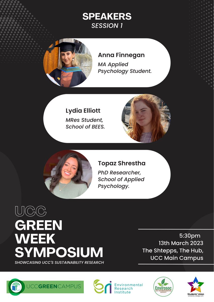 UCC Green Campus (@greencampusucc) on Twitter photo Meet our speakers for Session 1 of our <a href="/UCC/">UCC Ireland</a> Green Week Symposium ⬇️🌿
Anna Finnegan - <a href="/UCCAppSoc/">AppliedSocialStudies</a> Masters’ Student
Lydia Elliott - <a href="/uccBEES/">Biological, Earth & Environmental Sciences, UCC</a> Research Masters Student
Topaz Shrestha - <a href="/UCCAppSoc/">AppliedSocialStudies</a> PhD Researcher Meet our speakers for Session 1 of our <a href="/UCC/">UCC Ireland</a> Green Week Symposium ⬇️🌿
Anna Finnegan - <a href="/UCCAppSoc/">AppliedSocialStudies</a> Masters’ Student
Lydia Elliott - <a href="/uccBEES/">Biological, Earth & Environmental Sciences, UCC</a> Research Masters Student
Topaz Shrestha - <a href="/UCCAppSoc/">AppliedSocialStudies</a> PhD Researcher