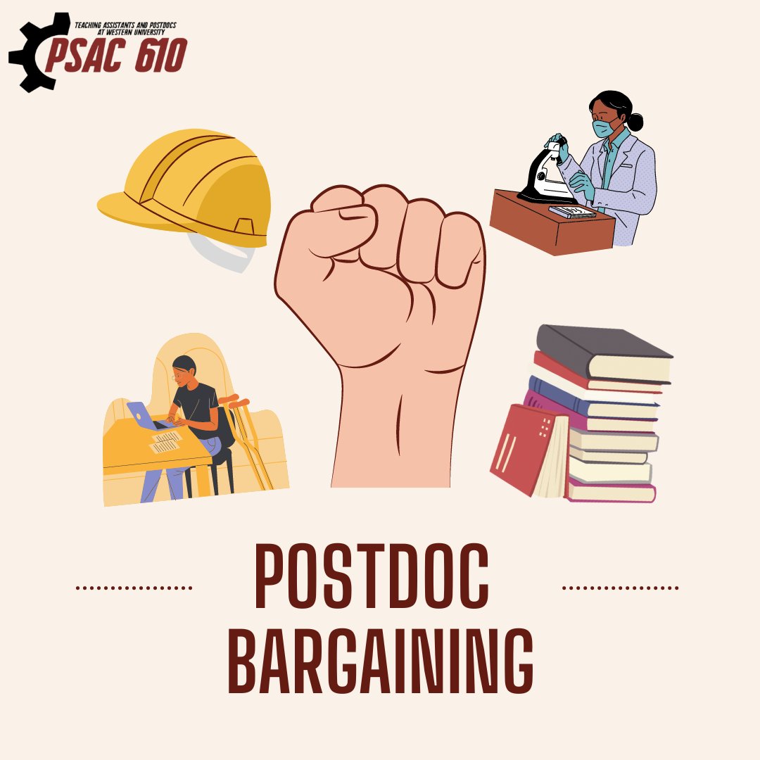PSAC610's tweet photo. Postdocs @WesternU head to the bargaining table today to negotiate a new collective agreement! Proposals include affordable housing, improved benefits, formation of an EDI committee, among others.

RT to show your solidarity! 📢✊🏽

#UnionStrong #WesternU #Postdoc #ldnont https://t.co/6tv3AfGAqD