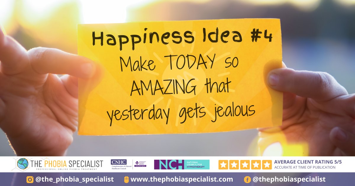 PhobiaTherapy's tweet photo. Make TODAY so AMAZING that yesterday gets jealous 🤩

Here's the fourth in our series of happiness ideas! Have a few happiness ideas yourself? Share them in the comments...

POSITIVE VIBES 🫶 = HAPPY PEOPLE 😊

#happinessideas #happiness #behappy #hypnotherapy #bepositive https://t.co/g2IMunhbuq
