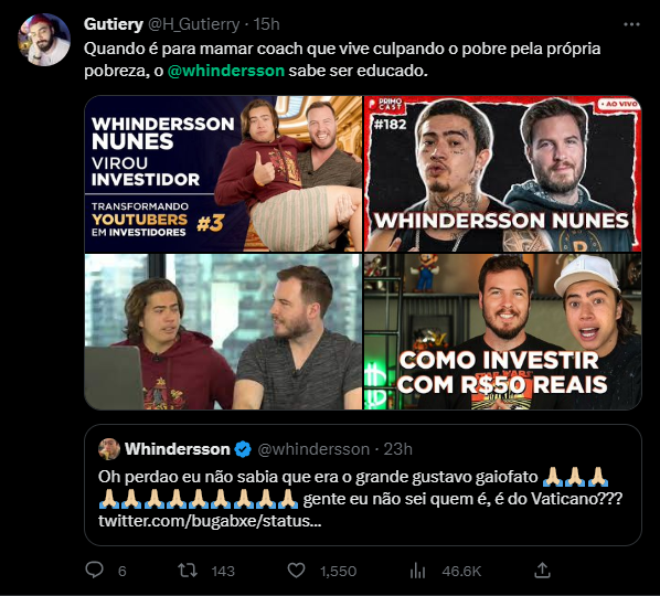 Brasil_fofoca1's tweet photo. 🚨 POLÊMICA 🚨

O influenciador Whindersson Nunes, discute sobre comunismo com Gustavo Gaiofato. 😬

Internet não perdoa, e mostra vídeos dele com um outro influenciador ("Primo Rico"), e cobram o influencer.

#Whindersson #WhinderssonNunes #GustavoGaiofato #fofoca #Noticias https://t.co/cuaAsELumn