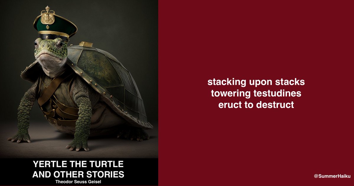 SummerHaiku's tweet photo. stacking upon stacks
towering testudines
eruct to destruct
#Winter2023 #Haiku #GreatBooks #YertleTheTurtle #TheodorSeussGeisel https://t.co/rbuFuKq70B