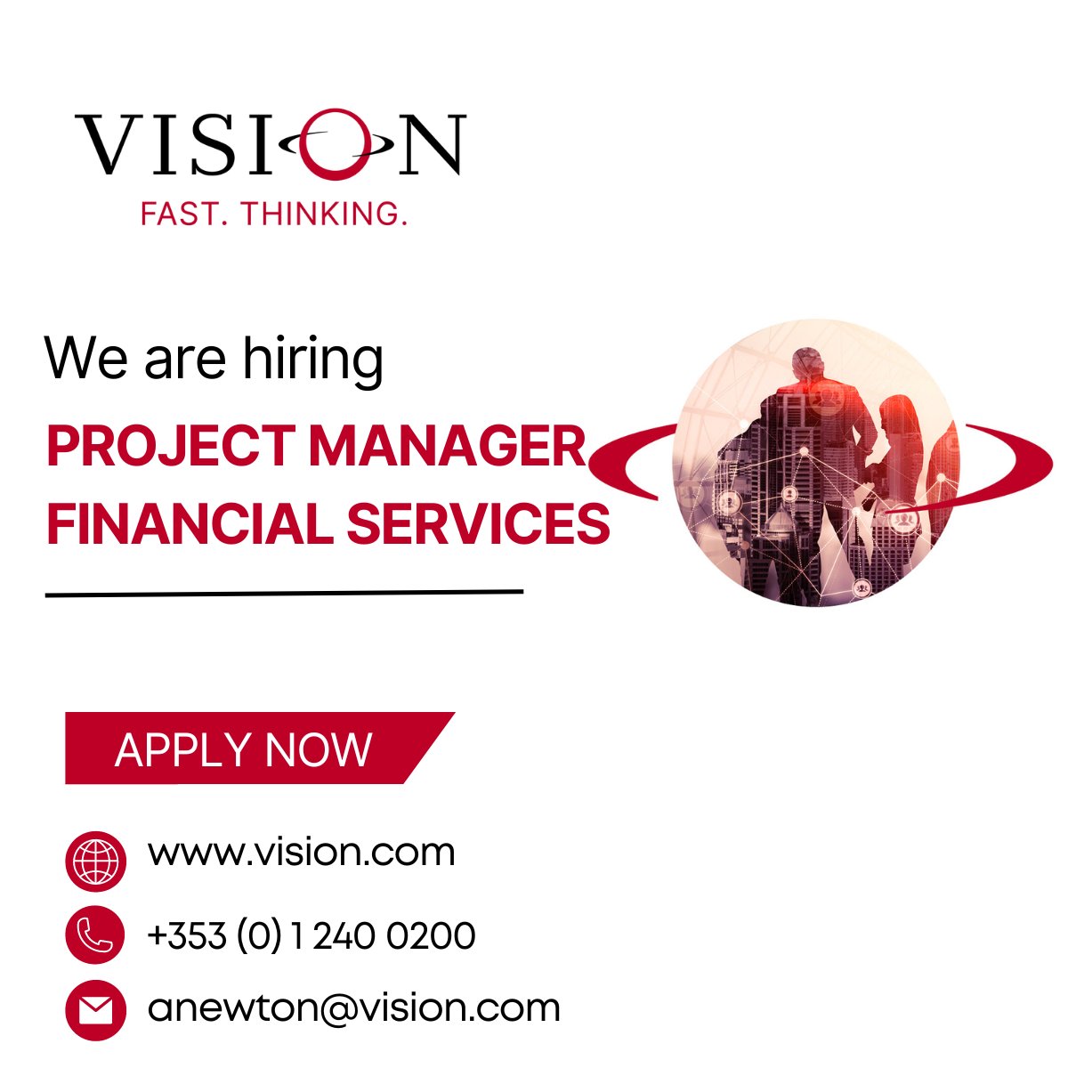 Join the Financial Services team at VISION Consulting. We are hiring Project Manager for the Financial Sector. Learn more and apply here : bit.ly/3SWkhqc

#hiring #projectmanagers #FastThinking #dublinjobs #irelandjobs #newjob #financialservices #consulting