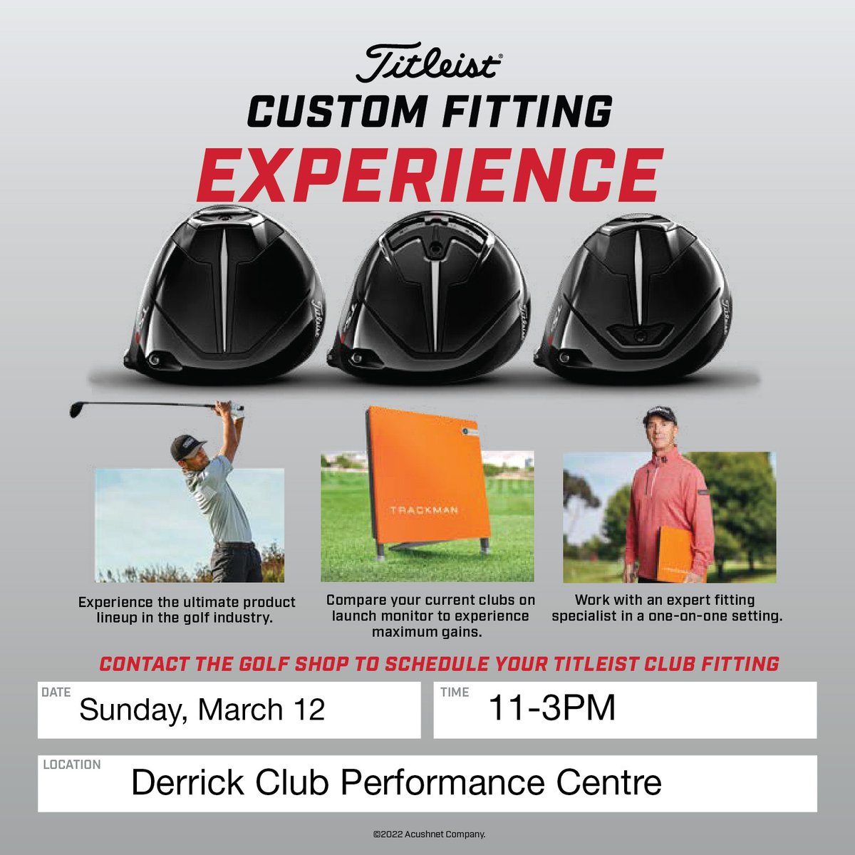 Contact the Pro Shop at 780.437.8383 to book your custom @Titleist fitting experience! 🏌️

Sunday, March 12
11AM - 3PM

#ProShop #ClubFitting #Titleist #FittingDay #Golf #YEGgolf #YEG