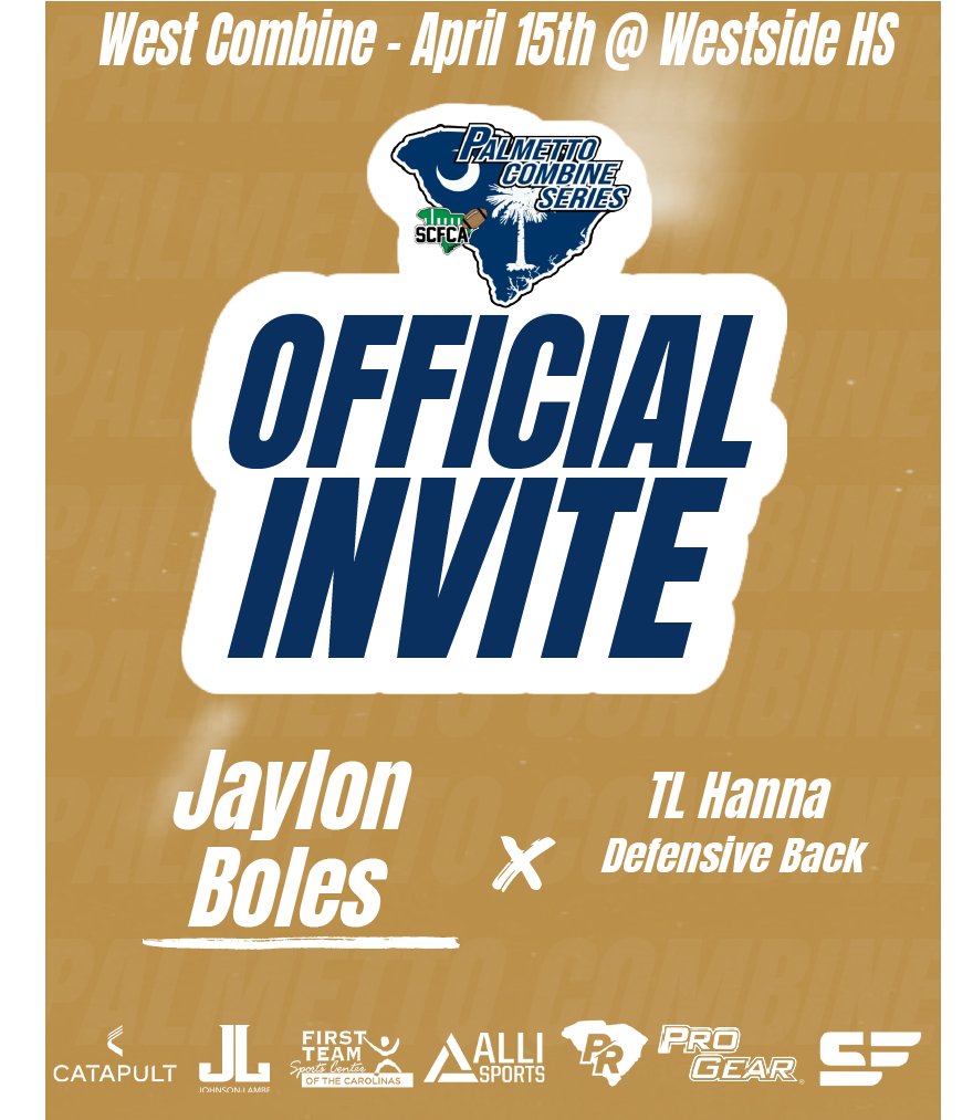 Congratulations on being selected to the Senior Palmetto Combine Series! See you in Anderson at Westside on April 15th at 8:30am

#Palmetto23 #Emailtofollow #WestCombine 
<a href="/TLH_Football/">TL Hanna Football</a> <a href="/chase_gregorek/">Chase Gregorek</a> <a href="/jakercurtis44/">Jake Curtis</a> <a href="/jaylonboles/">Jaylon Boles</a>

Pre-Register:
zfrmz.com/rShWE4wcaPYaGb…