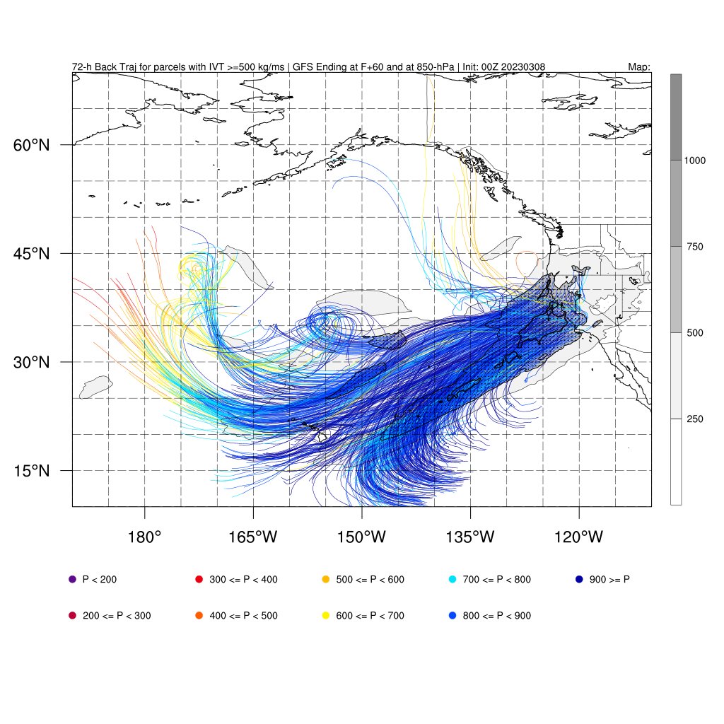 CW3E_Scripps's tweet photo. We can do trajectory analysis to identify air sources in an #atmosphericriver. This analysis is trajectories (SWtoNE) b/w 4AM Tue &amp; Fri *ending* in AR ~1.5 kmAGL. This is also a tropical moisture export or #pineappleexpress AR. #CAwx Tropical source -> higher freezing levels https://t.co/Og2IDXFsQW