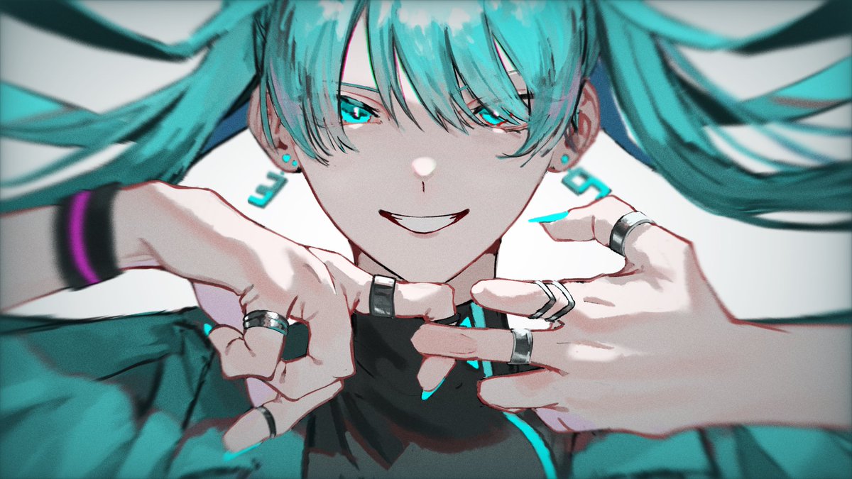 hatsune miku jewelry 1girl solo ring smile earrings looking at viewer  illustration images