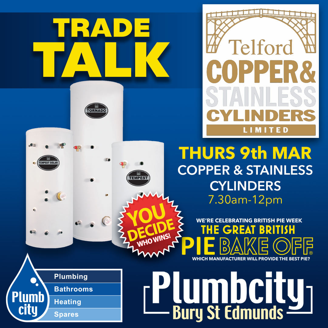 Join TELFORD at Plumbcity Bury St Edmunds Tomorrow. They'll be discussing their #cylinders &amp; supplying the pies in the Great British PIE BAKE OFF.  #Heating #PieWeek <a href="/TelfordCylinder/">Telford Copper & Stainless Cylinders Ltd</a>