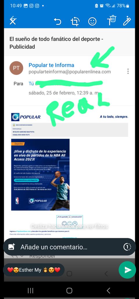 ELVIS012FT's tweet photo. La verdad no logro entender como es que del dominio del banco popular @Popularenlinea salen correo para estafar  a los usuarios. Abajo muestro dos fotos, una de un correo real desde el dominio @popularenlinea.com y otra que es falso, sin embargo es del dominio original del banco. https://t.co/jQs7c2nK12