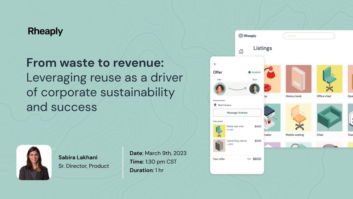 RheaplyInc's tweet photo. Register for the our upcoming webinar on 3/9 at 2:30 pm ET. Here you'll learn more about reuse and see what's new in the Rheaply Platform! With 'new listings in your interests' and filters by categories, Rheaply's new homepage makes it more exciting to find what you are looking for. https://t.co/W4wzow5Xdl
