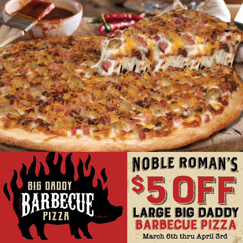 NRPizzaPub's tweet photo. Now through April 3rd, get $5 off any large Big Daddy BBQ pizza at participating locations! Made with tangy BBQ sauce—and loaded with cheese, sausage, ham, and bacon—it's a guest (and team) favorite. Try one today! Use coupon code 232563 when ordering online. https://t.co/eJh2aYuKYI