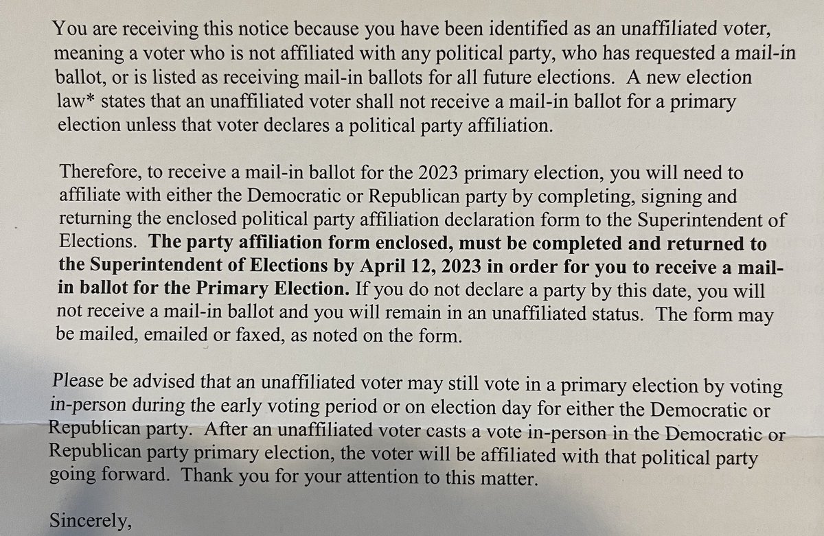SullyCNBC's tweet image. Just got a letter from NJ that if I don’t register with a political party I won’t get a mail-in ballot for a primary election. 

Also: if I vote in person in primary I’m automatically then “affiliated” with that party.  

Is this good thing? bad thing?  Caught me off guard.