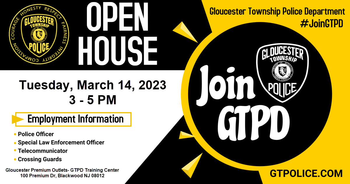 GloTwpPolice's tweet photo. HAPPENING NEXT TUESDAY- The #JoinGTPD Recruiting Team will be hosting an Open House on March 14th 3 to 5 PM at @GloucesterPo / GTPD Training Center! Details: https://t.co/FSYtURAicR https://t.co/p9pTsk9iql