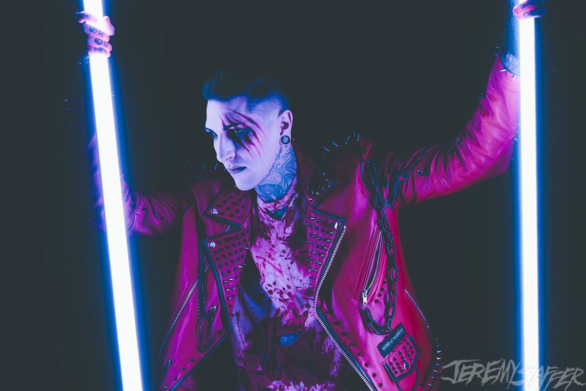 ChrisMotionless's tweet photo. Smile for the camera, but don’t flash your teeth. 
Photos by @jeremysaffer
Makeup by @AngelaUndead
Jacket by @sotuclothing. https://t.co/X3D4TIGCSI