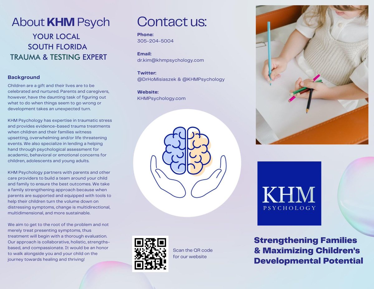 DrHoMisiaszek's tweet photo. @KHMPsychology’s brochures are hot off the press. Share with folks who might benefit from these services #childmentalhealth #ptsd #testing #depression #anxiety #adhd #evidencebasedtreatment #CPT #DBT #TFCBT #CFTSI #compassion #family #parenting @TheRITproject https://t.co/voxJslmSuE