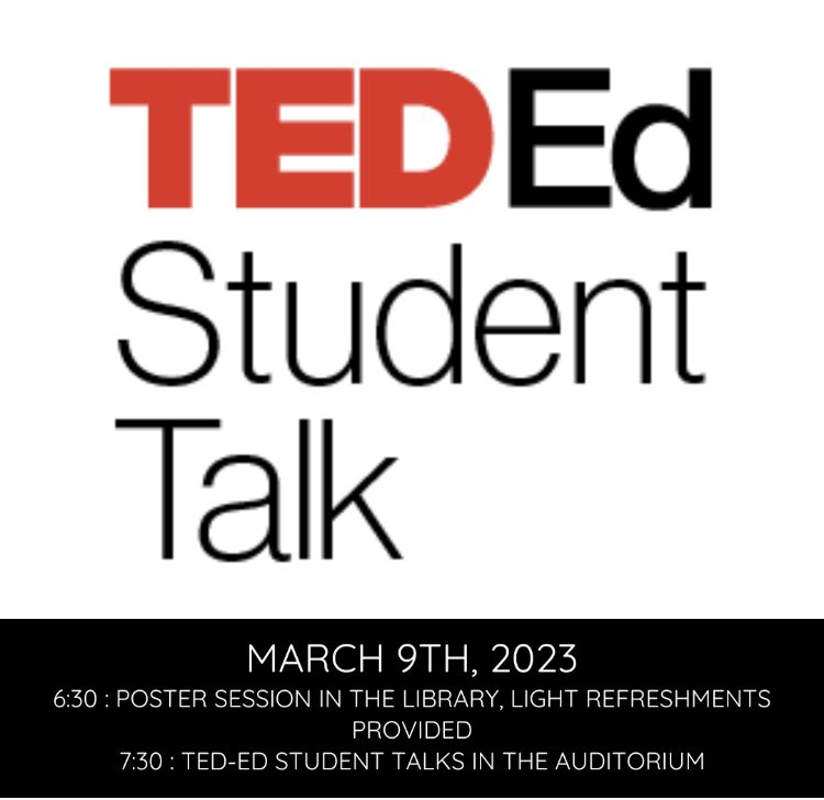southdoylehs's tweet image. You are invited to attend TED-Ed Student Talks on March 9th from 6:30-8:30 PM. A poster session in the library will run from 6:30-7:30, followed by a select group of students presenting the evening’s featured TED-Ed Student Talks.