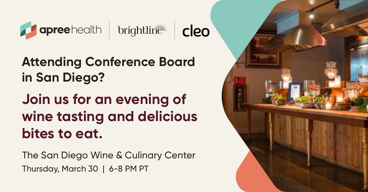 apreehealth's tweet photo. Going to Conference Board San Diego? Join us (and @hi_cleo &amp; @hellobrightline) for our reception on March 30. RSVP today—spots are filling up quickly!

https://t.co/aX2opZtb48 https://t.co/DsJxi2iOKd