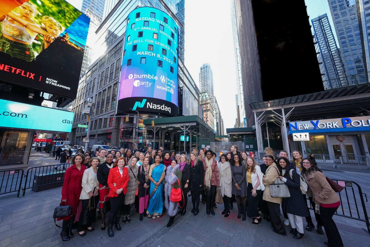 NasdaqExchange's tweet photo. For the 9th annual Ring the Bell for Gender Equality in honor of #IWD2023, Nasdaq welcomes @UN_Women, @bumble, @paritypledge and @HealthCatalyst. 🤝 ✨ 

Together, we honor the women who lead through adversity in pursuit of gender equality and sustainable development https://t.co/gNxyJADvc7