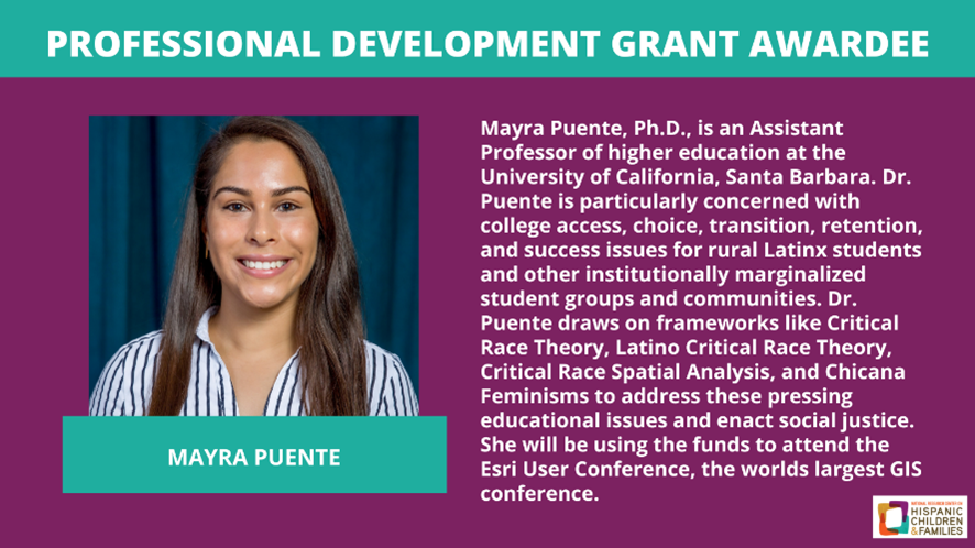 NRCHispanic's tweet photo. Congratulations to our PD grantee Mayra Puente, an assistant professor of higher education at @ucsantabarbara. She will use the grant to attend the Esri User Conference, the worlds largest GIS conference. https://t.co/9tGvGuVT8B https://t.co/qTjEmXLaY2