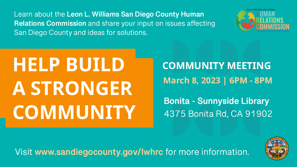 Join us tonight and learn more about San Diego County's Human Relations Commission and provide your input!
conta.cc/41TE5yH
